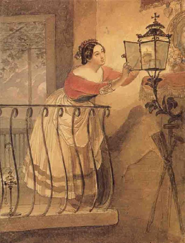 Karl Briullov An Italian Woman Lighting a lamp bfore the Image of the Madonna Norge oil painting art